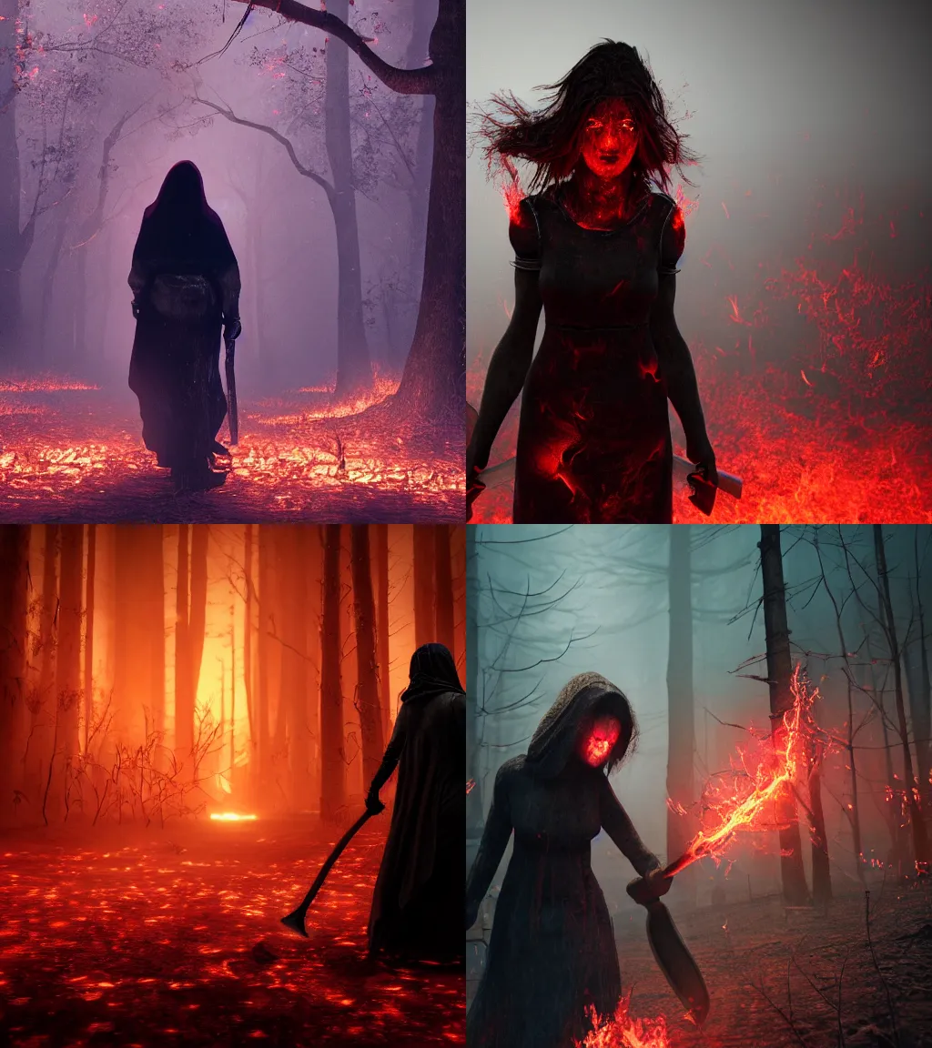 Prompt: A woman walking towards the camera. She is cloaked in darkness, siilloeted. her eyes glow white. she is dragging a long axe, the axe is sparking along the ground making red embers. The woman is being backlit by the red embers. The woman is wearing tatters and ripped apart clothing. 4k wallpaper. unreal engine 5. lens flare. lensflare.