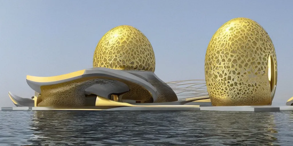 Image similar to mosque floating spaceship by zaha hadid, golds fantasy world