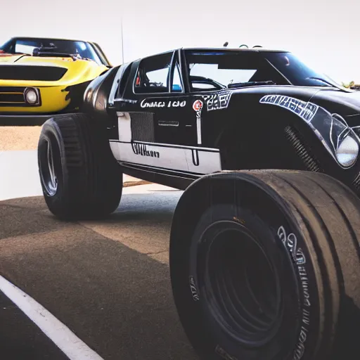 Image similar to a trophy truck mixed with a 1 9 6 6 ford gt 4 0, professional photography, wide angle