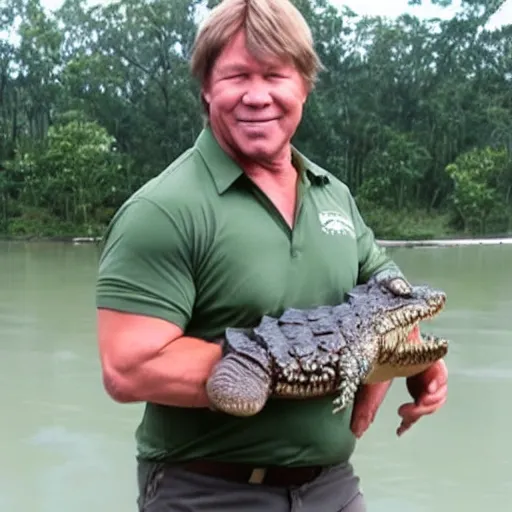 Image similar to steve irwin forgot to put his shorts on before wrestling a giant crocodile