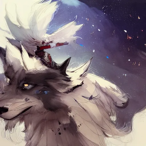 Image similar to concept art of anthropomorphized wolf night sky themed, highly detailed painting by dustin nguyen, akihiko yoshida, greg tocchini, 4 k, trending on artstation, 8 k