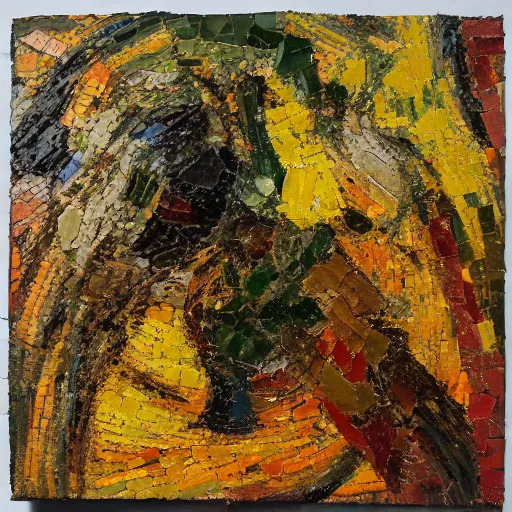 Image similar to oil paint impasto relief, abstract mosaic, multi layered thick brush marks, some splattered paint, in the style of ivan shishkin and frank auerbach and van gogh