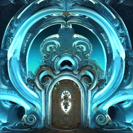 Prompt: The carved celestial godly Doom portal made of bones and marble, fractal neon cyan light tendrils, ornamental. vibrant blue sky. Cell shading, toon shader, matte painting. Moebius, Noah Bradley, hiroshi yoshida, Dan mcpharlin, Peter Mohrbacher, Druillet, chiaroscuro