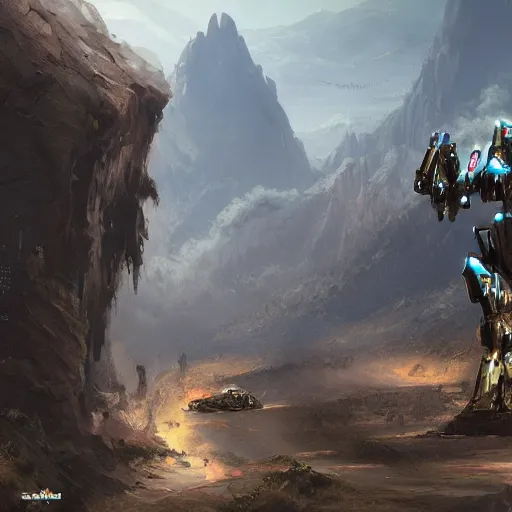 Prompt: pacing mecha through valley to battle star, artstation, matte painting, masterpiece