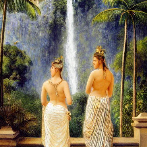 Prompt: a ultradetailed beautiful painting of three beautiful and physically attractive women standing in front of the diamonds waterfall in the amazonas palace balustrade designed by jules bastien - lepage, tarsila do amaral, frank weston and gustave baumann, beach, trending on artstation, mediterranean, palm trees, sharp focus, soft light, 8 k 4 k