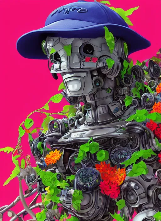 Image similar to colourful - 3 d vfx art - portrait of a mecha robot wearing a baseball cap with vines & flowers growing from inside, art style by tenmyouya hisashi, concept art, unreal engine render, digital illustration, claymation, sharp, intricate detail, volumetric light, ray tracing, soft light, symmetric, pinterest, artstation, behance,