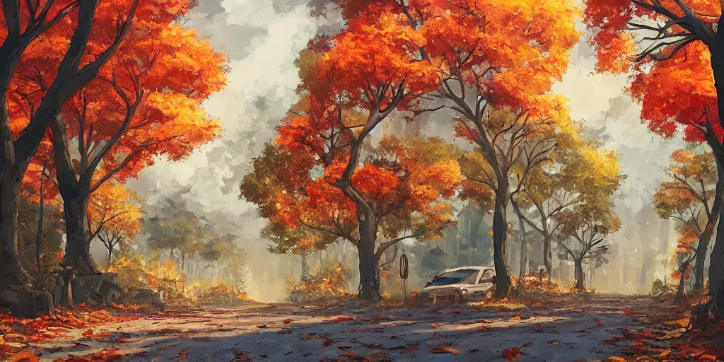 Image similar to autumn street with falling leaves, evening, highly detailed, low angle view, studio ghibli, artstation