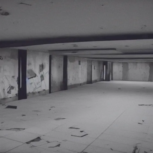 Image similar to vhs found footage of an abandoned empty mall made out of cement, 3 5 mm, photography, liminal space, the backrooms, scp, stalker, surveillance camera