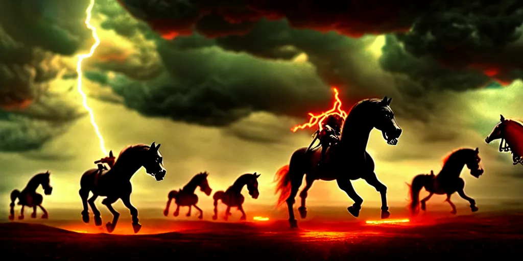 Image similar to ”four horsemen of the apocalypse riding skeleton horses towards the camera [epic, cinematic, scary, intimidating, horror, war, battle, hell, storm clouds, lightning, octane render, 8k, mattepainting, art by wlop and paul lehr and greg rutkowski]”