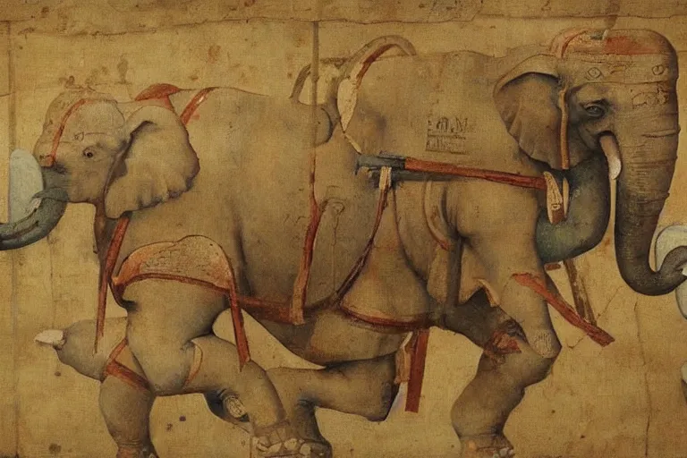 Prompt: “a Hellenistic painting of war elephants with missiles strapped to them, virtuoso, masterpiece, 8k, Michelangelo”