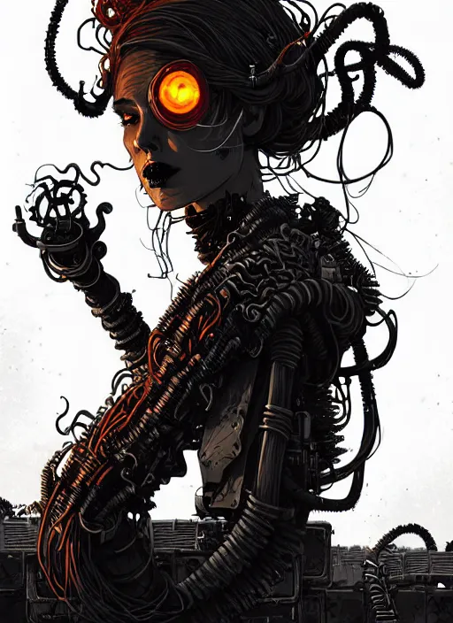 Image similar to highly detailed portrait of wasteland punk long curly fire hair tribal lady, stray wiring by atey ghailan, james gilleard, by joe fenton, by greg rutkowski, by greg tocchini, by kaethe butcher, 4 k resolution, gradient red, orange, black and white color scheme!!! ( ( flaming robotic dystopian city spiral background ) )