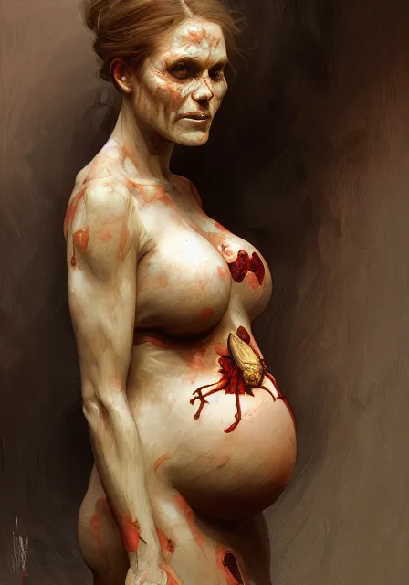 Image similar to pregnant mummy zombie, intricate, elegant, highly detailed, digital painting, artstation, concept art, smooth, sharp focus, illustration, art by artgerm and greg rutkowski and alphonse mucha and william - adolphe bouguereau