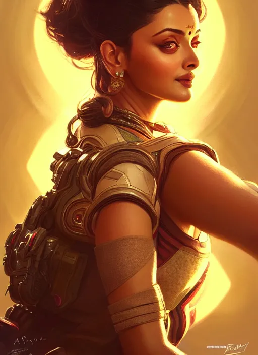 Image similar to portrait of apex legends, aishwarya rai, intricate, elegant, glowing lights, highly detailed, digital painting, artstation, glamor pose, concept art, smooth, sharp focus, illustration, art by artgerm and greg rutkowski, artey freytag