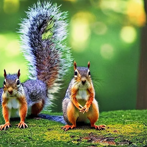 Prompt: three squirrel's having a cool birthday party, national geographic photo, highly detailed