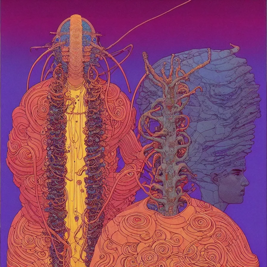 Prompt: ( ( ( sacred ancient ) ) ) by mœbius!!!!!!!!!!!!!!!!!!!!!!!!!!!, overdetailed art, colorful, record jacket, warm tones, bioluminescent