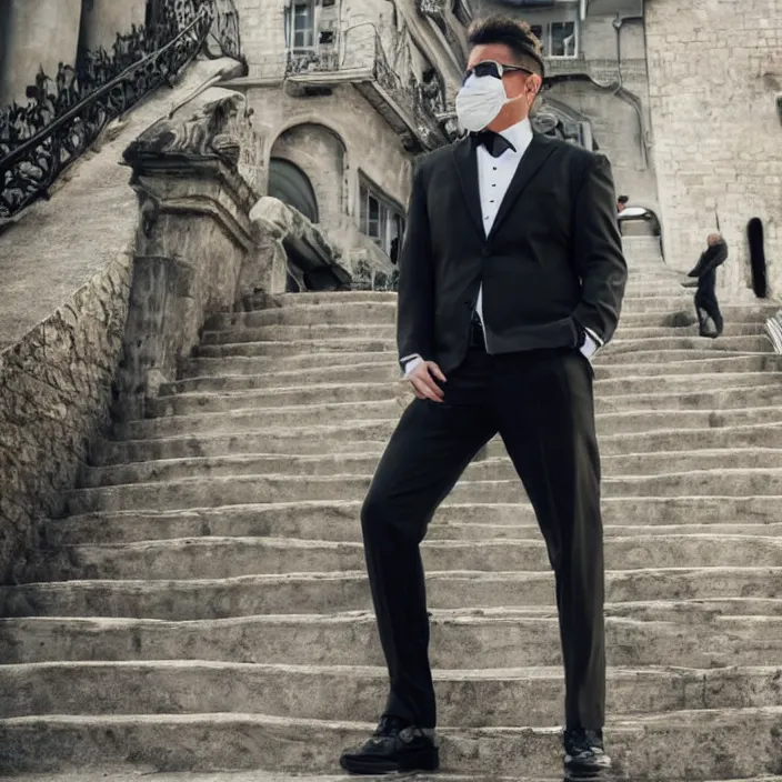 Image similar to cinematic movie, background is castle and steps, with a man wearing a silver melt mask, silver wavy long hair, black suit, 4 k