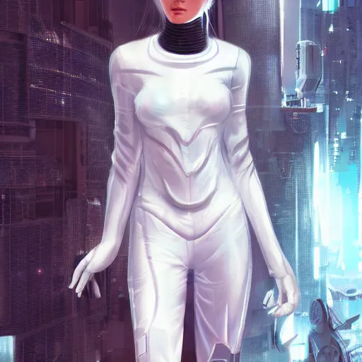 Prompt: beautiful white haired woman dressed in see through space suit, the cyberpunk sci - fi art of mario feng artstation highly detailed, smooth, sharp focus