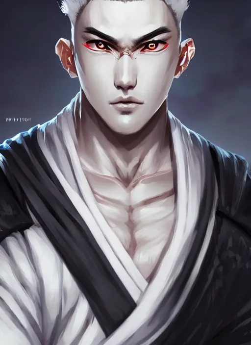 Image similar to a highly detailed illustration of fierce short white haired attractive young japanese man wearing white hakama, black sclera! eyes, dramatic pose, muscular, intricate, elegant, highly detailed, centered, digital painting, artstation, concept art, smooth, sharp focus, league of legends concept art, wlop