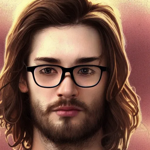 Prompt: highly detailed vfx portrait of a brown long hair centre parting pretty german boy with brown eyes and white! glasses and short goatee by hidari, wenjun lin, alphonse mucha, sakimichan, sharp focus, art by artgerm and greg rutkowski!, backlit, harsh overhead sunlight,