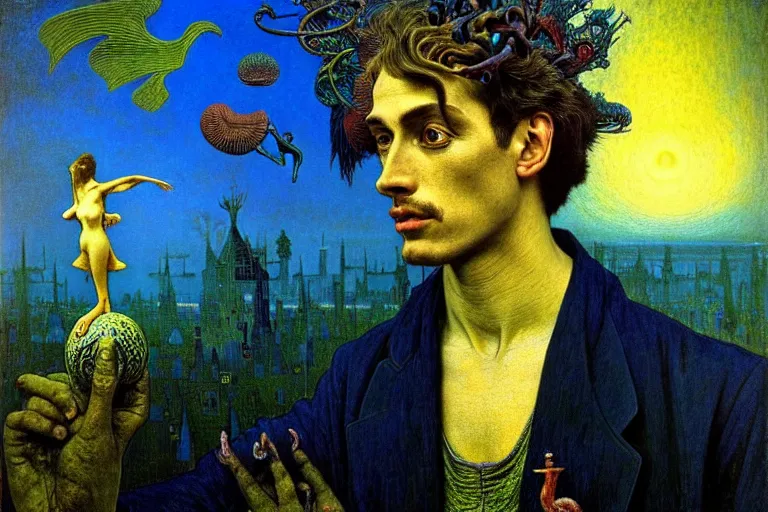 Image similar to realistic detailed portrait painting of a man with head of a bird, nightly graveyard landscape background by Max Ernst, Jean Delville, Amano, Yves Tanguy, Alphonse Mucha, Ernst Haeckel, Edward Robert Hughes, Roger Dean, masterpiece, cinematic composition, dramatic pose, 4k details, rich moody colours, blue eyes