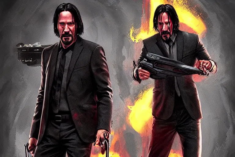 Image similar to keanu reeves as john wick, holding a chainsaw, cinematic, doom eternal concept art