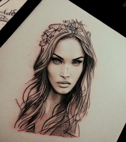 Image similar to double exposure effect tattoo design sketch of megan fox with beautiful mountain scenery, realism tattoo, in the style of matteo pasqualin, amazing detail, sharp