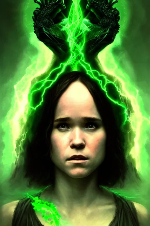 Image similar to ellen page as a dark sorceress casting a green spell, green lighting, fantasy character portrait, ultra realistic, concept art, intricate details, highly detailed by james bama, william adolphe bouguereau and frank frazetta