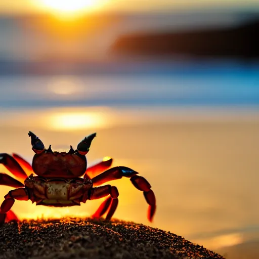 Image similar to a happy crab holding a beer in a beach, golden hour, bokeh, 4k