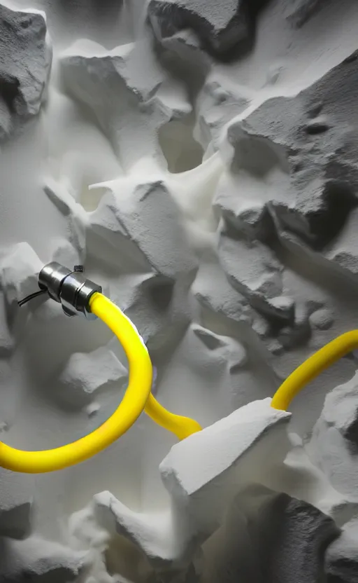 Image similar to photo of liquid nitrogen with yellow water-cooling coolant flowing through latent representations of yellow ice caverns undergoing centrifugal forces, computer circuitry sticking out the walls!!!!, high detail, high contrast!, low-poly elements!!!, 4k