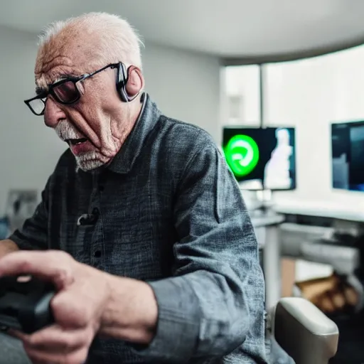 Image similar to very angry old man playing a game on a PC, razer gaming headset and chair