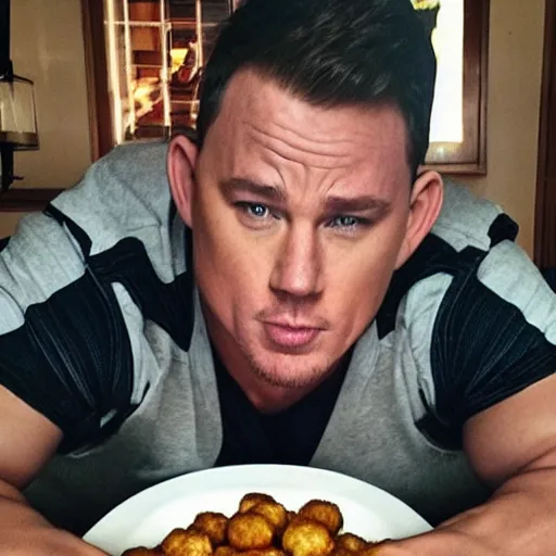 Image similar to channing tatum has a giant tater tot head, tater tot on plate, food photo