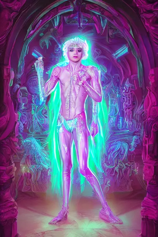 Image similar to full-body rococo and cyberpunk delicate neon crystalline sculpture of ((muscular albino prince Zayn Malik)) as an iridescent humanoid deity wearing a thin see-through ((plastic hooded cloak)) (holding a human skull) in a neon castle dungeon, reclining con (((las piernas abiertas))), glowing pink face, crown of (white lasers), large diamonds, swirling black silk fabric. futuristic elements. oozing glowing liquid, full-length view. space robots. intricate artwork by caravaggio. Trending on artstation, octane render, cinematic lighting from the right, hyper realism, octane render, 8k, depth of field, 3D