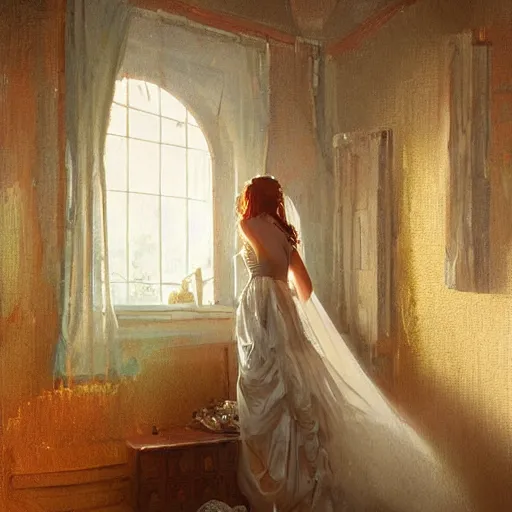 Prompt: A woman in a wedding dress, house interior, golden hour, by Greg Rutkowski