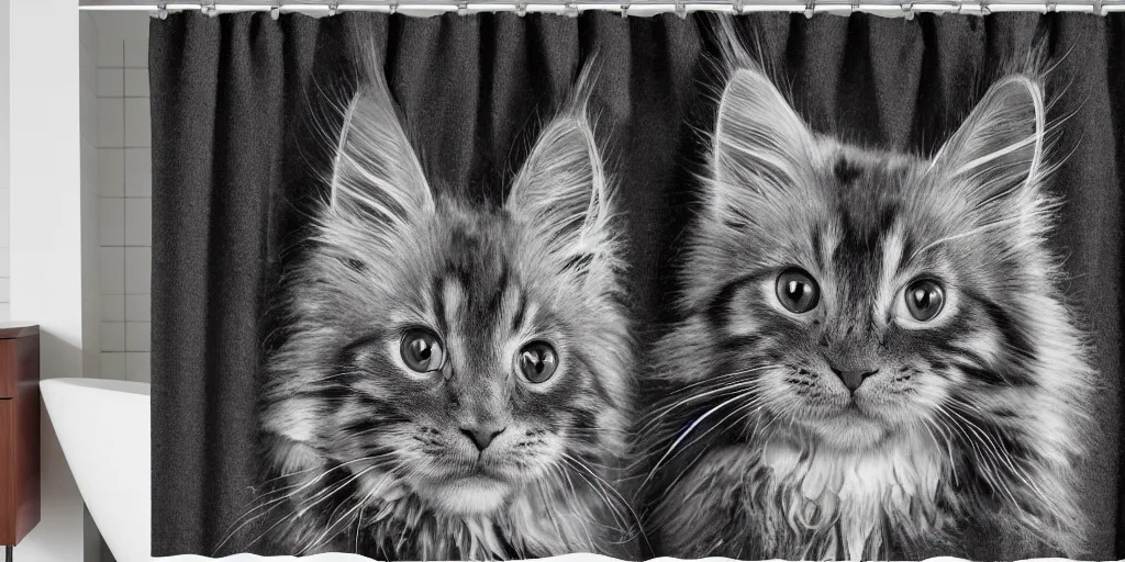 Prompt: a ( ( ( ( ( maine coon kitten ) ) ) ) ) in mandolorian ( tv ) artwork themed shower curtain, shower curtain. digital art. product photography. product lighting. 4 k, highly detailed. saturated.