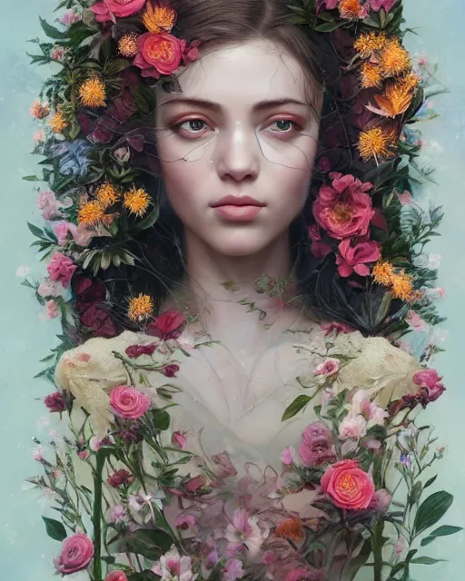 Image similar to symmetrical portrait of a 2 5 year old girl, surrounded by flowers by karol bak, james jean, tom bagshaw, rococo, sharp focus, trending on artstation, cinematic lighting, hyper realism, octane render, 8 k, hyper detailed.