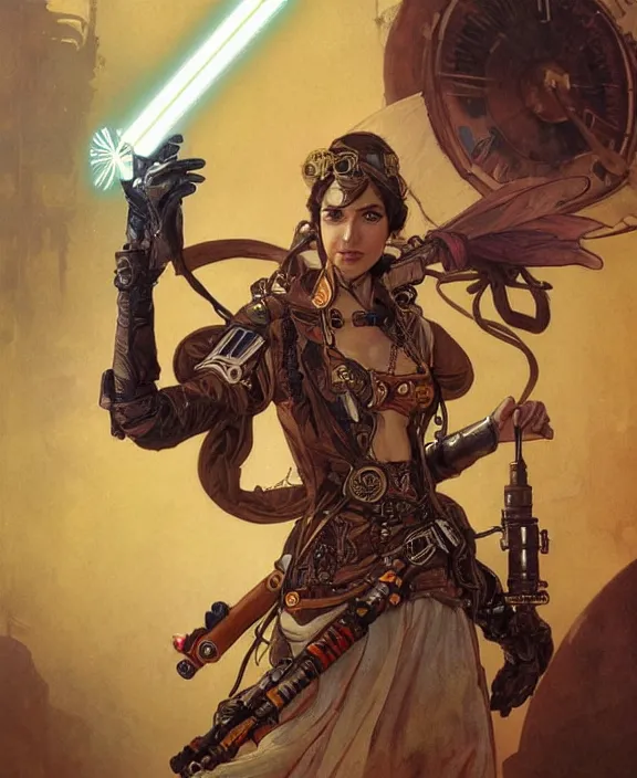 Prompt: a steampunk dieselpunk jedi holding a lightsaber, fantasy, intricate, elegant, highly detailed, colorful, vivid color, digital painting, artstation, concept art, art by artgerm and greg rutkowski and alphonse mucha and ruan jia