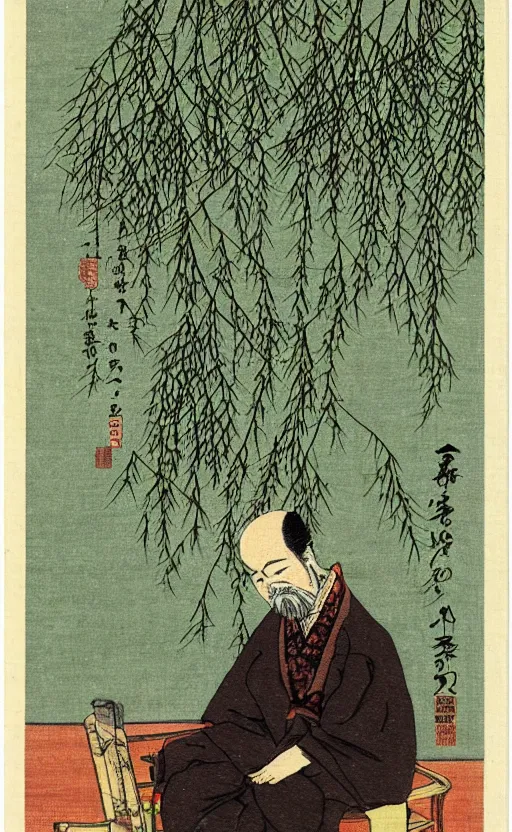 Prompt: by akio watanabe, manga art, a male calligrapher sitting on chair with brown hair and beard, willow tree and hill, trading card front, kimono, realistic anatomy, sun in the background