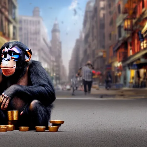 Image similar to a chimpanzee picking up pennies in a city street with a steam roller headed towards him, depth of field, fashion photoshoot by nicoletta ceccoli, mark ryden, lostfish, dan decarlo, bob clampett, max fleischer, breathtaking, detailed and intricate environment, 8 k resolution, hyperrealistic, octane render