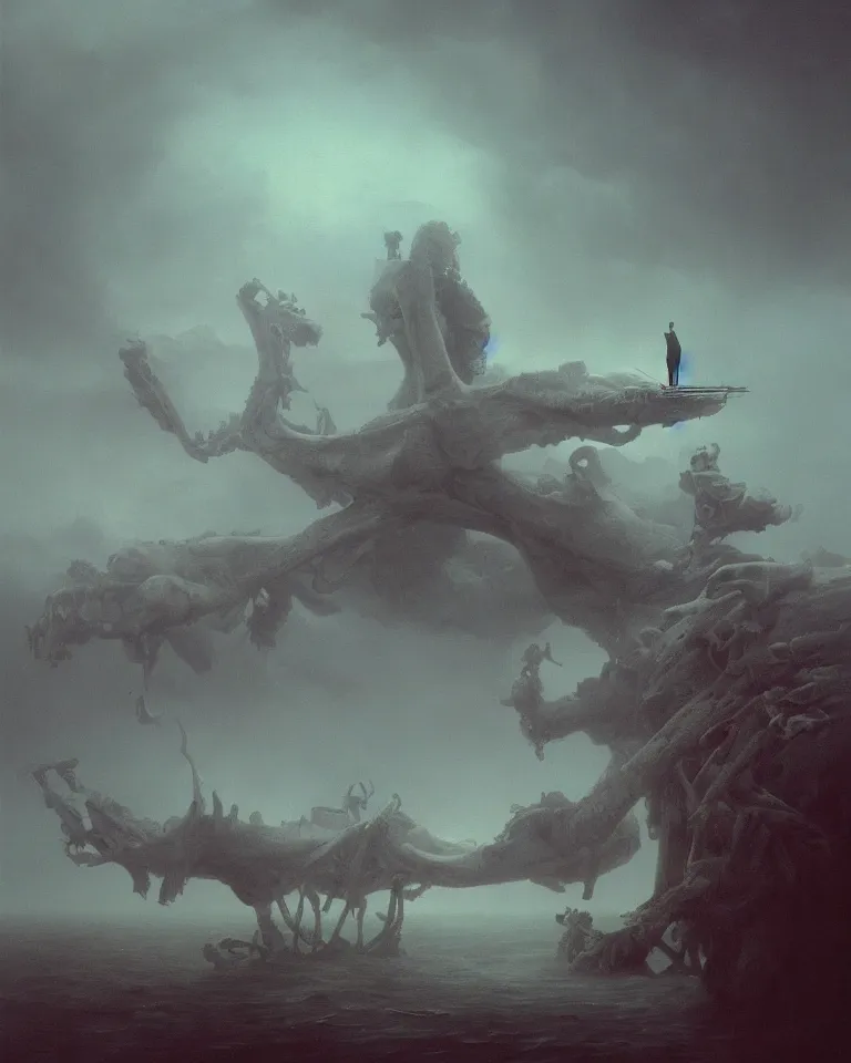 Image similar to a surreal english national opera set by by ross tran and ivan aivazovsky. skulls, big bones, eerie, somber tone. by beeple beksinski. surreal architecture, bizzare landscape, precisionism