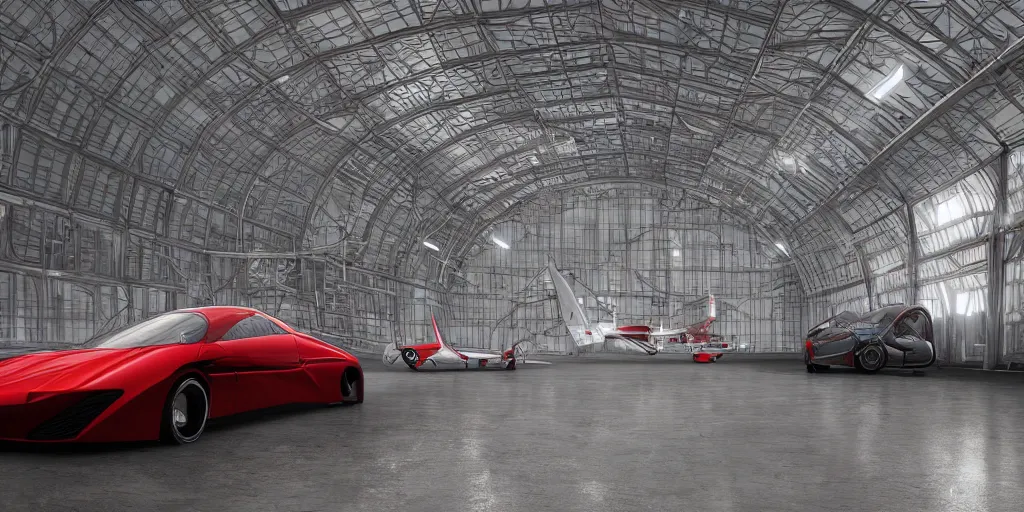 Image similar to kama russian electrocar, inside futuristic hangar, red car, sharp focus, ultra realistic, ultra high pixel detail, cinematic, intricate, cinematic light, concept art, illustration, art station, unreal engine 8 k