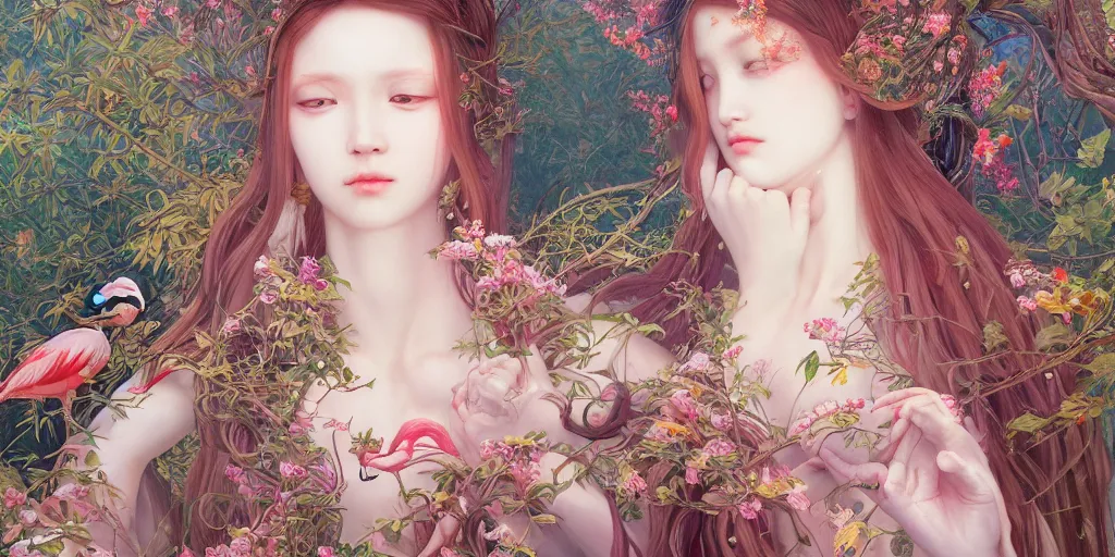 Image similar to breathtaking detailed concept art painting of the goddess of flamingo, orthodox saint, with anxious, piercing eyes, ornate background, epic composition, amalgamation of leaves and flowers, by Hsiao-Ron Cheng and John James Audubon and Miho Hirano, extremely moody lighting, 8K