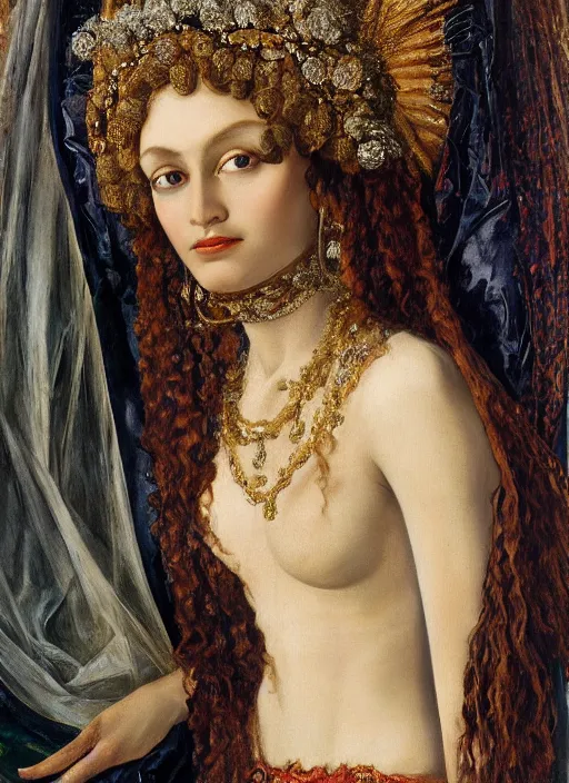Prompt: oil painting of Queen Vulvine, Hungarian, curly dark hair, fair skin, veil by Georgia o Keeffe, by Marcel Jankowicz, by Botticelli, by Gustave Moreau, concept art, master