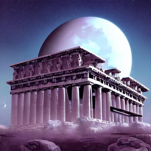 Image similar to ancient greek structure in the moon, retrowave epic art, trending on art station