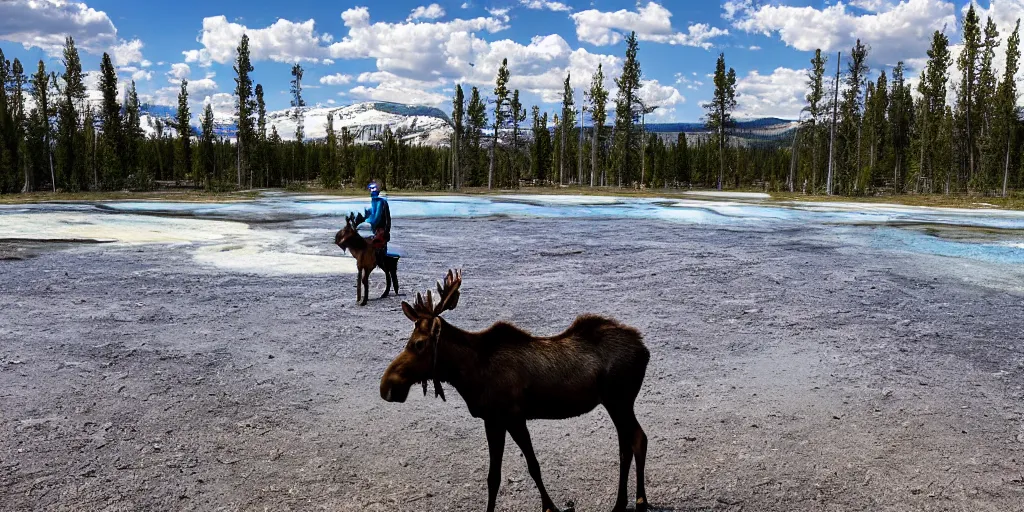 Image similar to hiker riding moose in yellowstone with prismatic spring in background