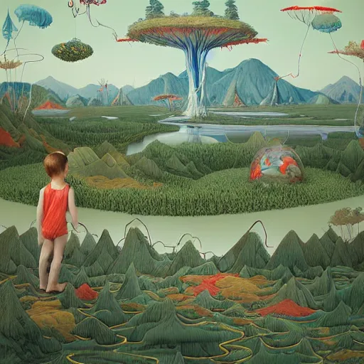 Image similar to inflatable landscape with forest, river and mountains floating child dreams and wishes , concept art, huge scale, high detail, sci fi by James Jean