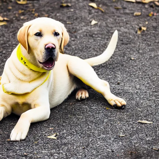 Prompt: yellow lab, happy, wagging tail, 4 k, high quality photo, award - winning