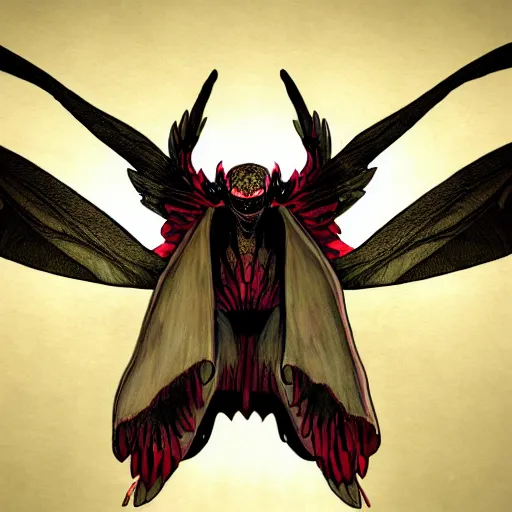 Image similar to 4K headshot of mothman with a mushroom hat and rouch clothes with giant wings , intricate face , flawless anime cel animation ,psychedelic , highly detailed upper body , professionally post-processed , beautiful, scary, symmetry accurate features, epic, octane rendered, anime masterpiece, accurate