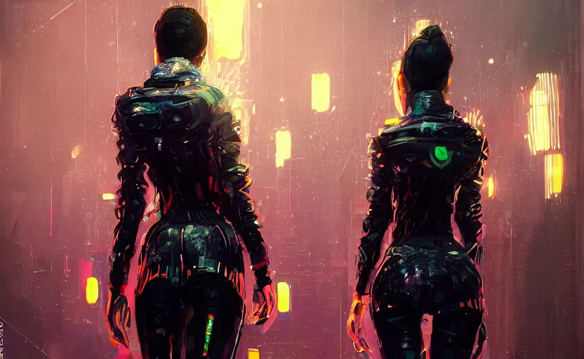 Image similar to skill magic deepdream guard girl cyberpunk futuristic, reflective puffer jacket, black leggings from the back radiating a glowing aura by ismail inceoglu dragan bibin hans thoma, perfect face, fine details, realistic shaded, fine - face, pretty face