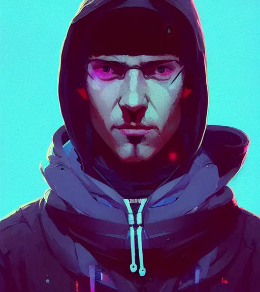 Prompt: cyberpunk synth, hyper - realistic portrait of a man in a hoodie, cyberpunk, by atey ghailan, by greg rutkowski, by greg tocchini, by james gilleard, by joe fenton, by kaethe butcher, dynamic lighting, gradient light blue, brown, blonde cream and white color scheme, grunge aesthetic