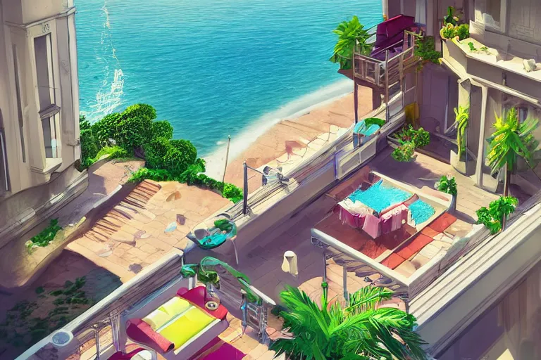 Prompt: a villa with a balcony beside the sea, umbrella, table, juice and liquid, recliner, isometric art, bright, artstation, highly detailed, cinematic lighting + masterpiece